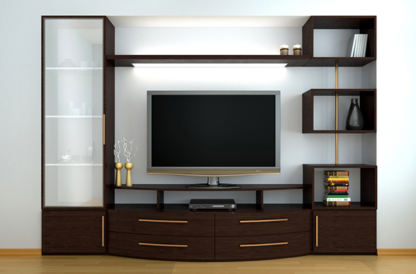 Our Services 1 TV showcase made by PVC interiors and the cour is dark brown finish